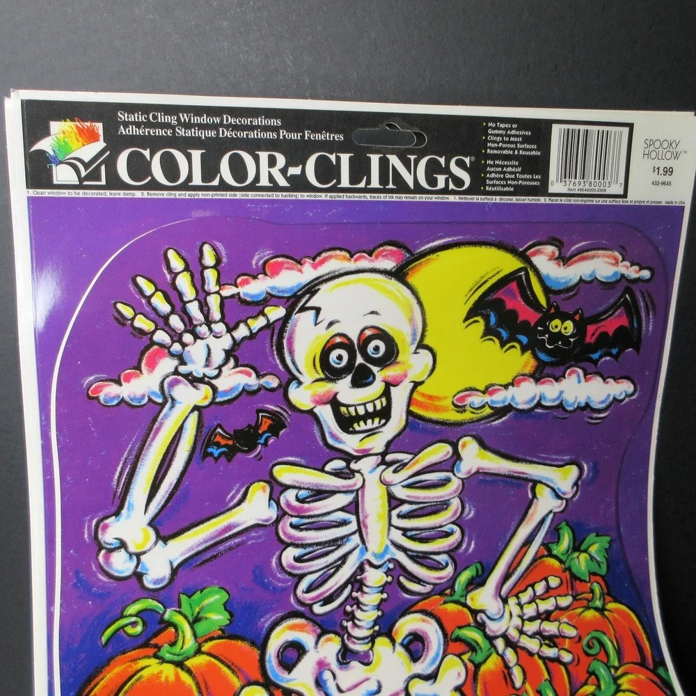 2 Vintage COLOR-CLINGS Halloween Static Window Clings Skeleton Pumpkins Bat